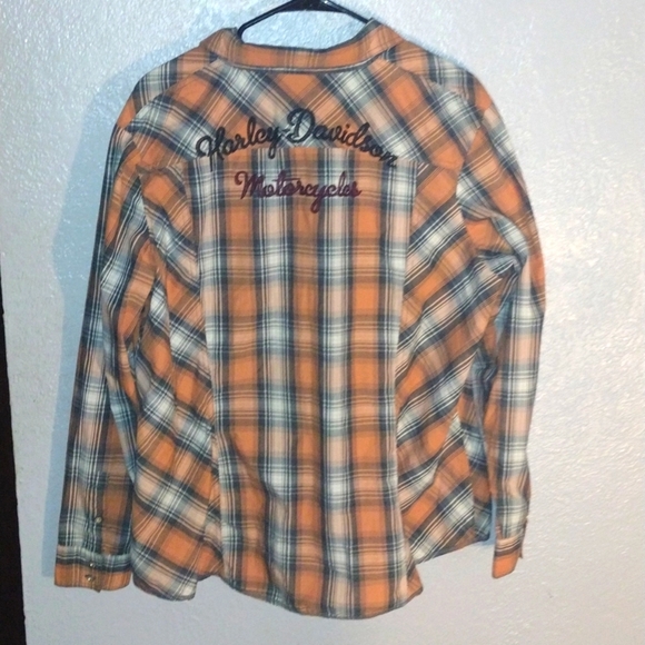 Orange and Black Plaid Embroidered Harley Davidson Biker Button Down Top… - Picture 1 of 7